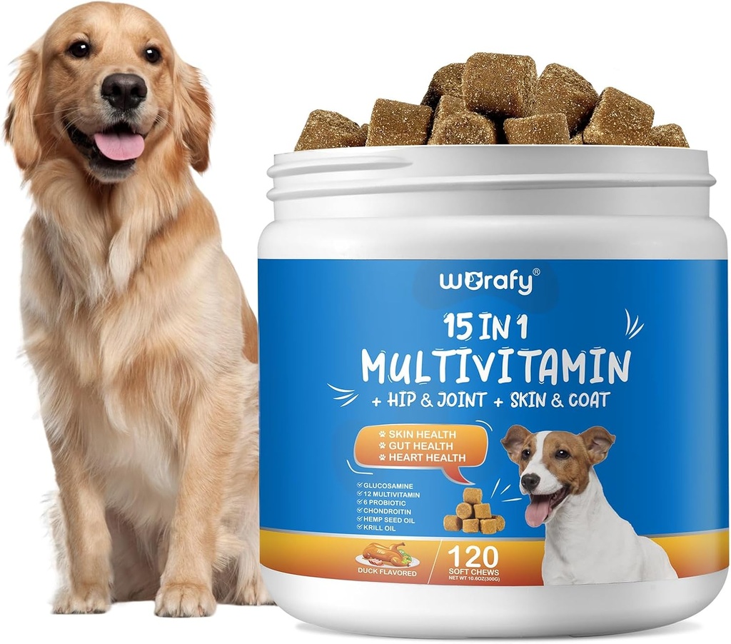 15-in-1 Dog Multivitamine Suplimente - caine Multivitamine Chewable - Imunitate, Digestia, Suport Comun si Heart Health pentru Piele, Coat Heart, Sistemul imunitar - pentru toate vârstele Toate Rasele (120 conte)