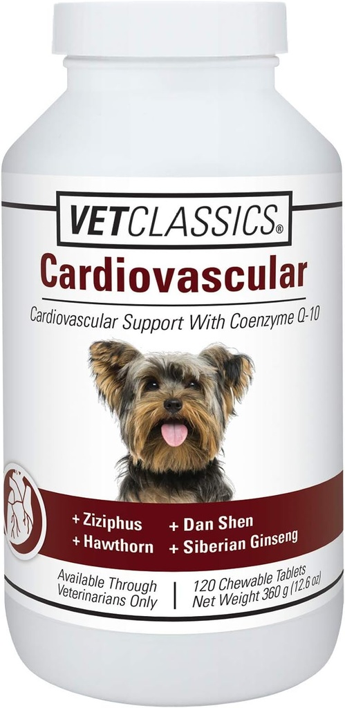 Vet Classics Suport cardiovascular cu Coenzime Q-10 pentru câini, Susţine Sistemul cardiovascular cu Ziziphus, Dan Shen, Hawthorn, & Siberian Ginseng, 120 comprimate masticabile