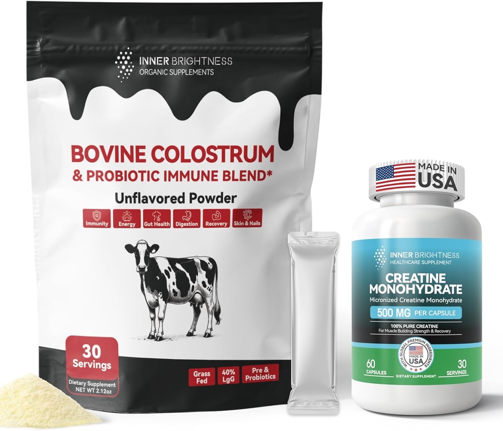 Colostrum Supliment pulbere pentru Gut, Immune Health & Nutrient Absorbtion, 30 Servings + Creatin Monohidrat capsule pentru Constructor musculare