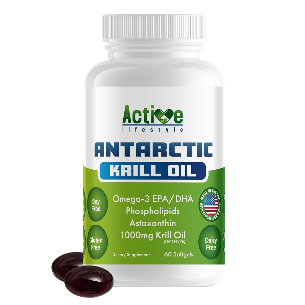 Active Lifestyle Antarctic Krill Oil Supplement, High Absorbtion EPA, DHA, Astaxantin & Fosfolipid, Red Krill, GMO Free, Gluten Free, Soy Free, Dairy Free, Lab Testat, Made in USA