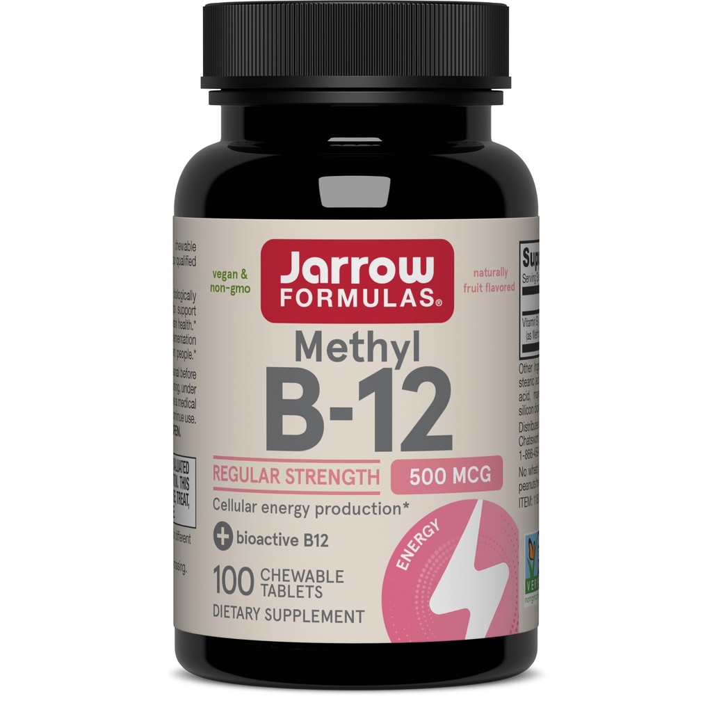 Jarrow Formulas® Metil B-12 Tablete, 500 mg, Supliment alimentar pentru producția de energie celulară și Brain Health Support, 100 Cherry Flavor tablete masticabile, 100 zile de aprovizionare