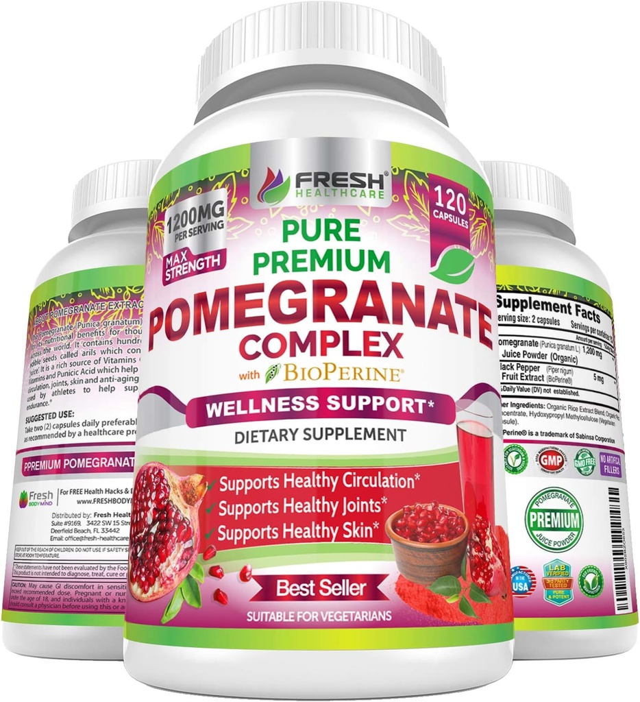 Premium Pudră de rodie Supliment 1200mg, Suporturi Hipertensiune arterială sănătoasă, Articulații, Piele & Anti Îmbătrânire cu Bioperine Black Pepper, Antioxidant puternic cu vitamina C & K, 120 Capsule Vegan