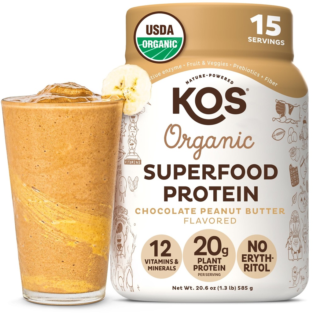 KOS Organic Plant based Proteine Powder, Unt de arahide ciocolata - Delicioasa pudra de proteine Vegan - Keto Friendly, Gluten Free, Dairy Free & Soy Free - 15 Serviri