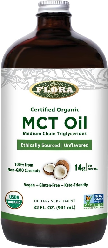 Flora - MCT Ulei Certified Organic - Sustine energia musculara si sanatatea creierului - contine C8 Acid Caprilic & C10 Acid Capric - Non-GMO, Gluten-Free, Vegan & Keto-Friendly - 32 fl. oz. Flacon de sticlă