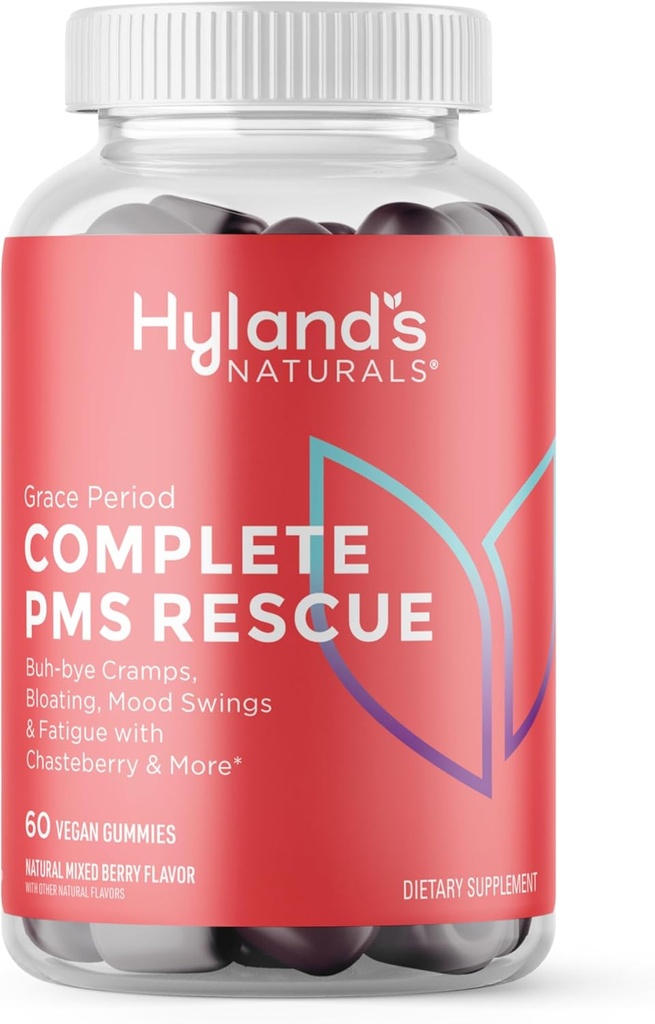 Hyland Grace Perioada de salvare completă PMS, 60 Vegan Gummies cu Chasteberry și Dong Quai pentru suport menstrual și B6 și B12 pentru formarea celulelor roșii din sânge