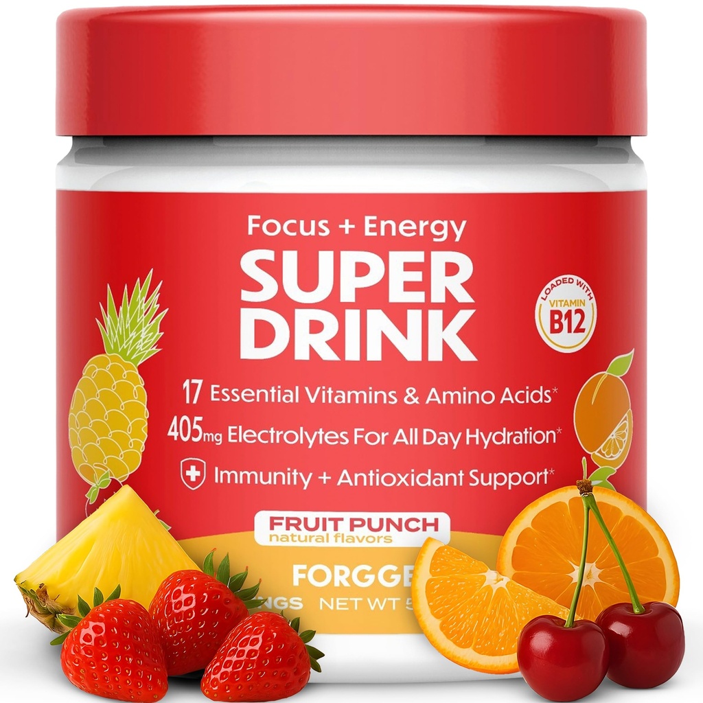 Forgge Energetic Energetic Drink Powder Mix - Cafeina curata + B12, B6, C & D Vitamine - Zahar Free Energy Drink Powder cu electroliti, Aminoacidi, Antioxidanti, Lions Mane - Vegan, Keto-Friendly - 30 SVG, Punch de fructe