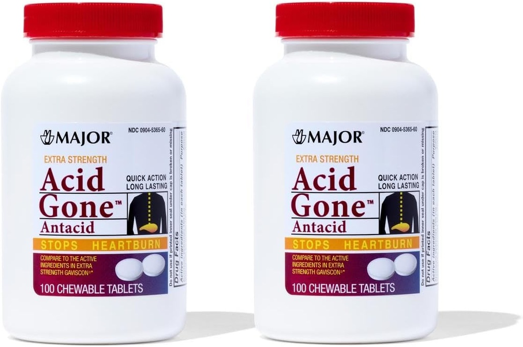 Acid major Gone extra Putere Antiacid Tablete masticabile - Relief anti-acid - Acid Reflux Medicina pentru adulți - Uset Stomac, Acid Indigestie, și Arsuri la stomac - Lung Lastting - 100-Count (2 ambalaj)