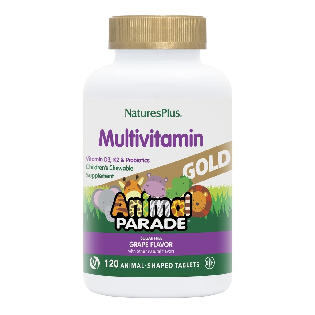 Naturi Plus Parada Animalelor de Aur Multivitamine pentru copii, Aroma de struguri - 120 Tablete masticabile pentru animale - Vegan, Gluten gratuit - 60 Serviri