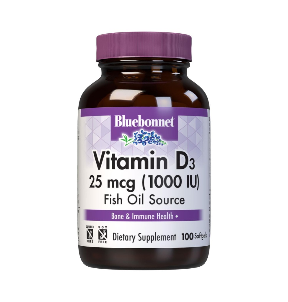 Nutriţie Bluebonnet Vitamina D3 1000 UI Softgels, SIDA în creşterea musculară şi scheletală, Colecalciferol din ulei de peşte, Non OMG, Gluten Free, Soy Free, Dairy Free, 100 Softgels