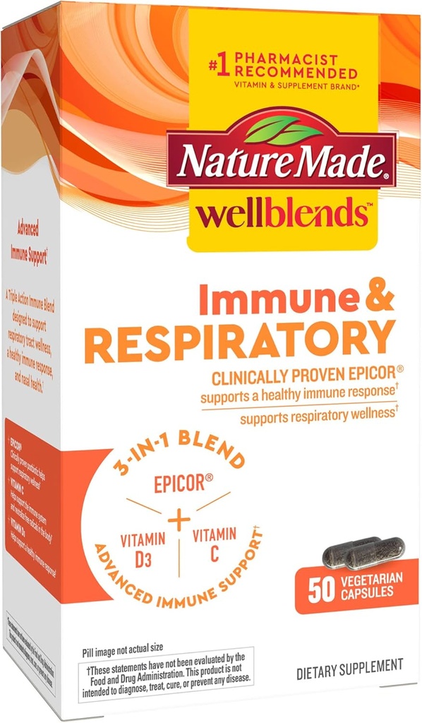 Natura Made Wellblends Immune & Respirator, EpiCor Postbiotic, Vitamina C, Vitamina D3, Advanced Immune Supplement, 50 Capsule vegetariene