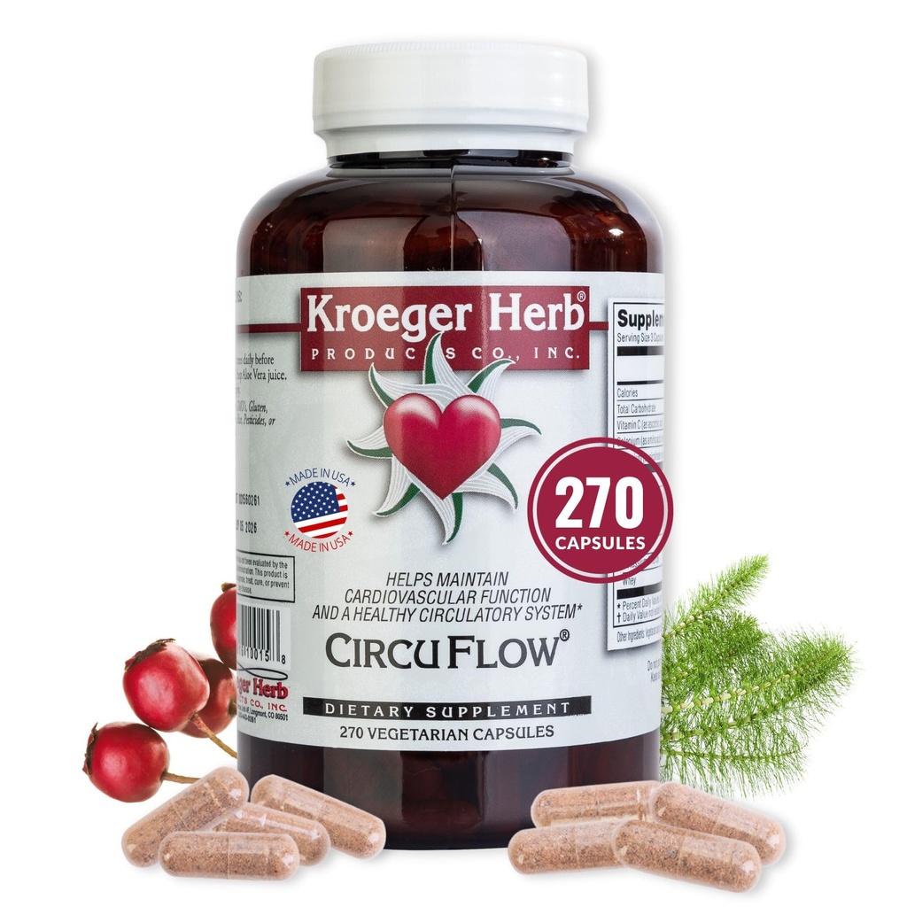 Kroeger Herb Products, Circu Flow, Hawthorn Supplement for Heart Supplement, Daily Circulation Supplement, Promovează funcția cardiovasculară cu Hawthorn Berry, Non-GMO, 270 Capsule, Made in USA