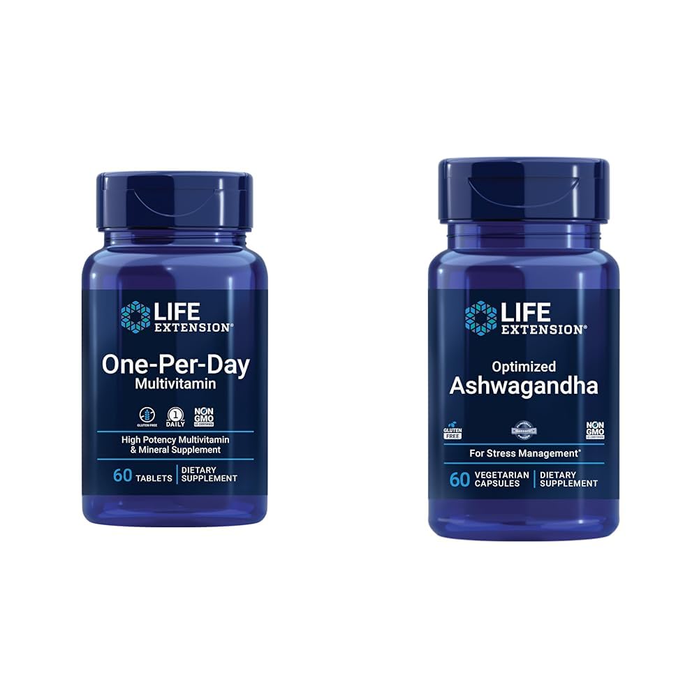 Extensie de viață One-Per-Day Multivitamine 60 comprimate și optimizat Ashwagandha 60 Capsule Bundle