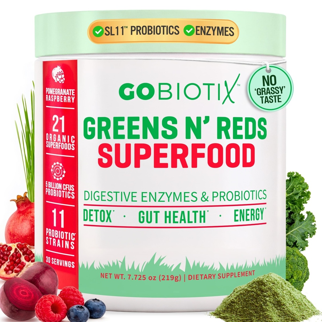 GOBIOTIX Super Greens și Reds Pulbere - Superfood roșu și verde - Supliment probiotic - Enzime digestive și pudră de sfeclă - Alimente organice întregi Supliment alimentar (Pom zmeură, 1 pachet)