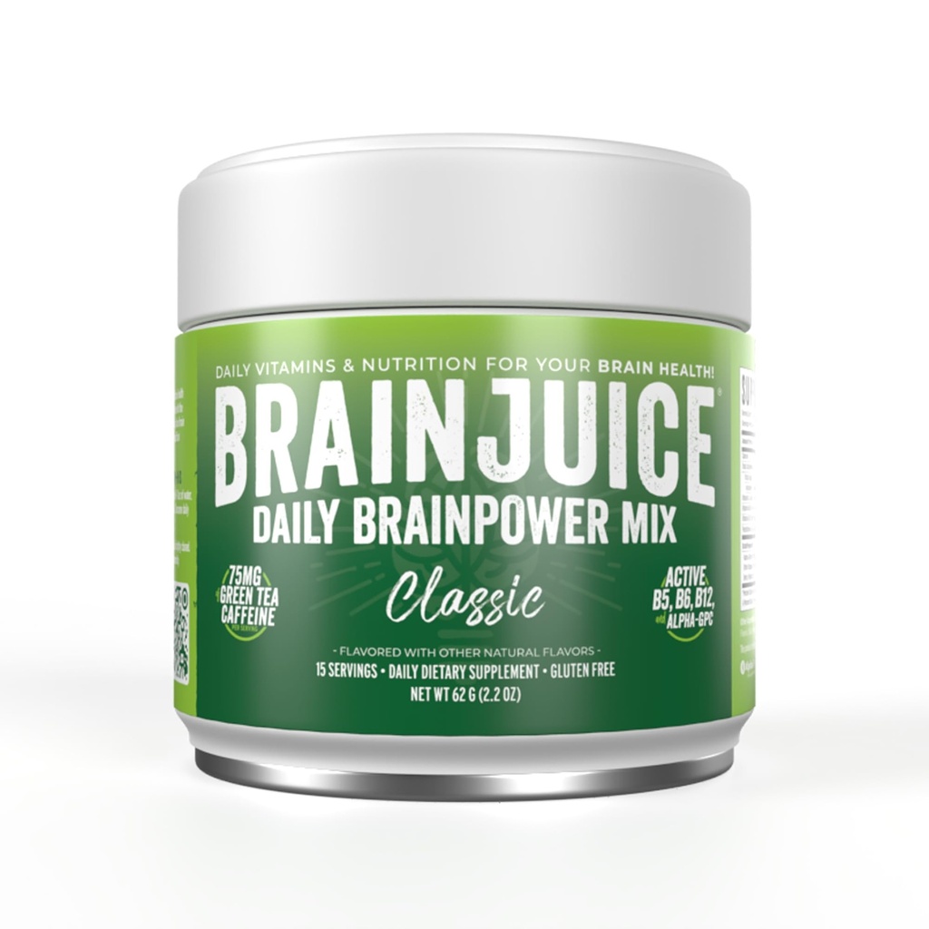 BrainJuice Nootrops Brain Supplement de suport, Gluten gratuit pulbere pentru energie și focalizare, Drink Mix cu L Theanină, Alpha GPC, Vitamina B, Organic Green Ceai extract de cofeină, Classic, 15 Serviri