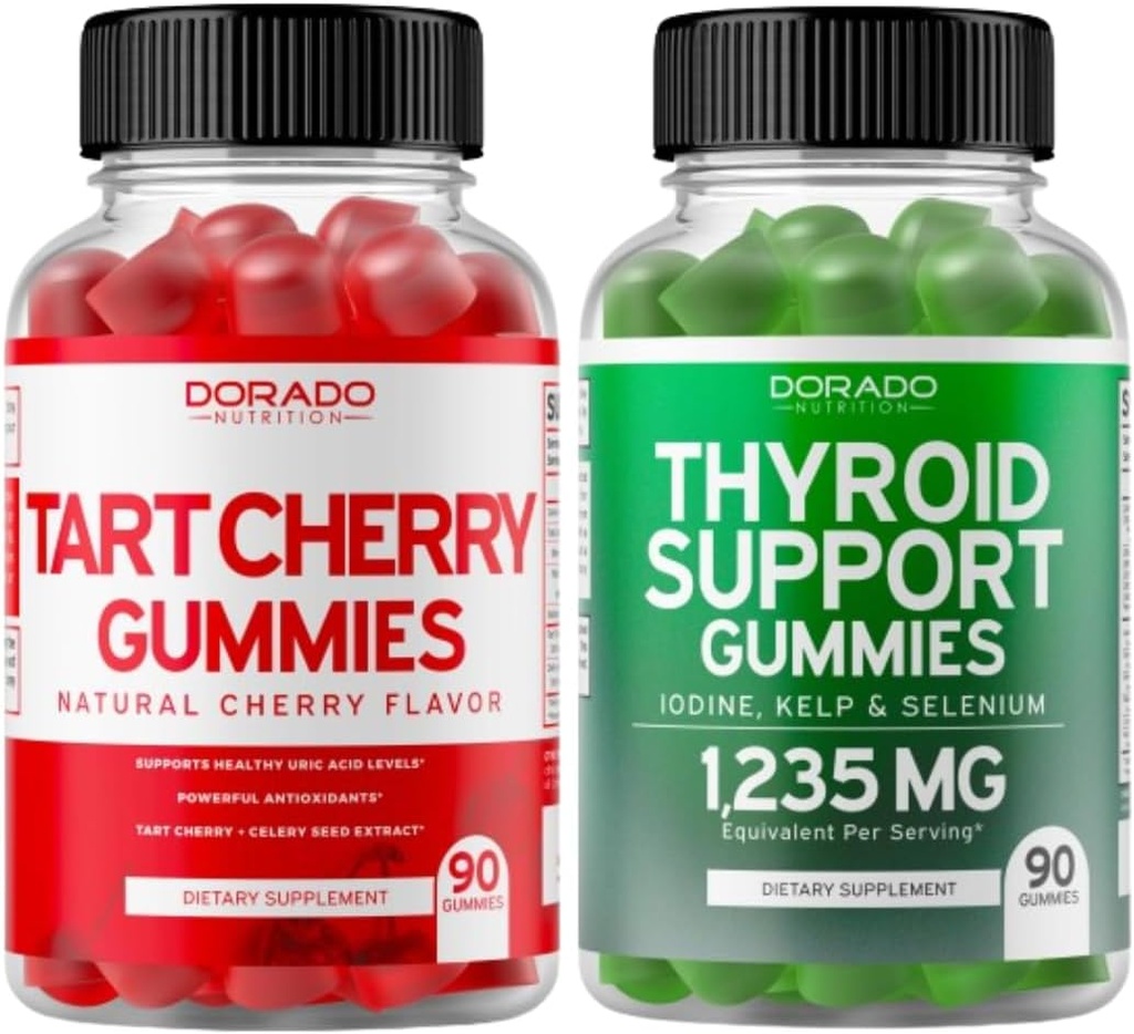 Tart Cherry (90 Gummies) Suport de nivel de acid uric pentru adulți - puternic antioxidant cu semințe de telina și suport tiroidian (90 Gummies) Ashwaganda & Bladderwack Supplement de sprijin - Vegan & Made in USA
