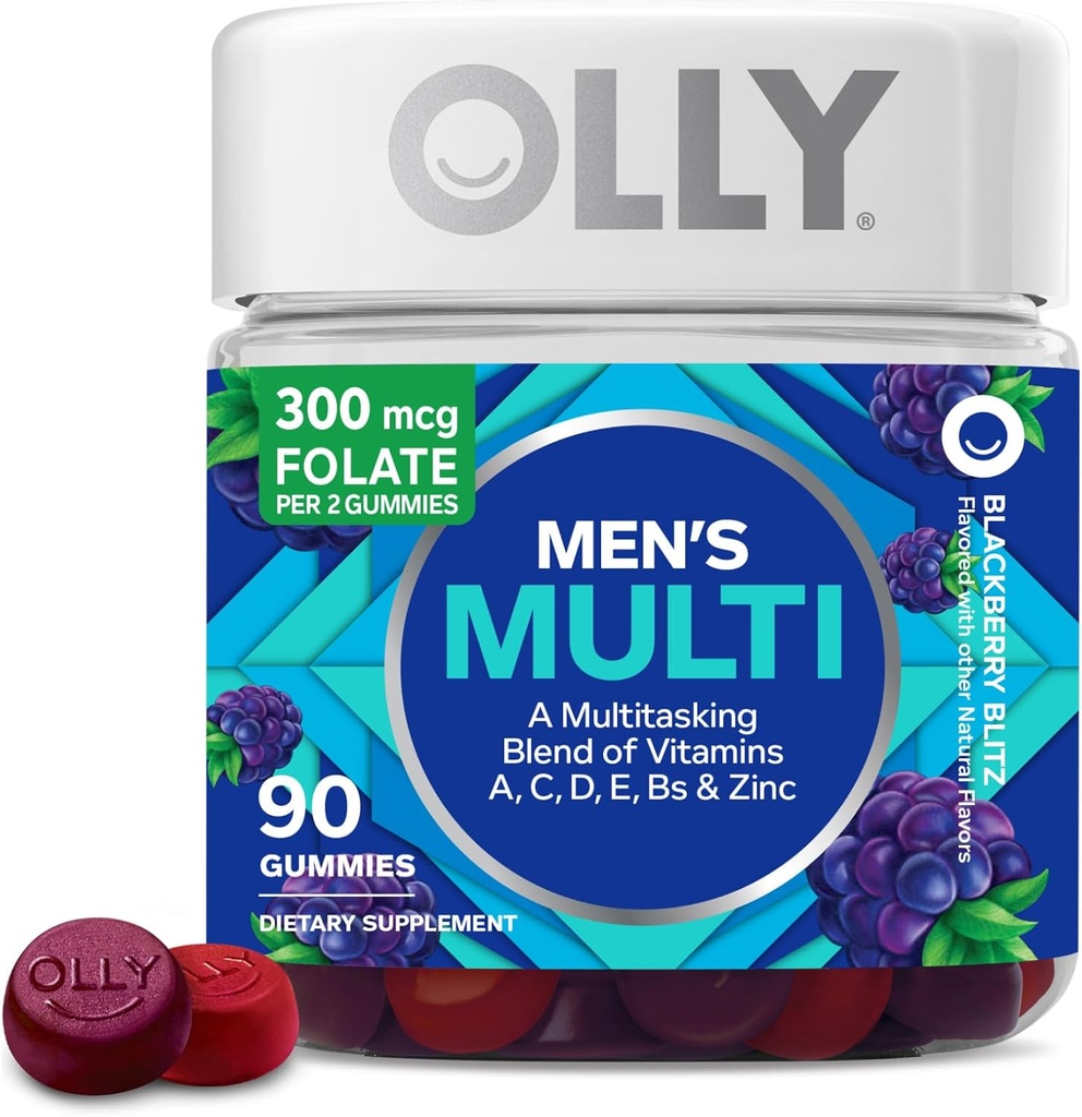 OLLY Men's Multivitamine Gummy, Vitaminele A, C, D, E, B, Zinc, Blackberry Flavor, 45 Day Supply - 90 Count