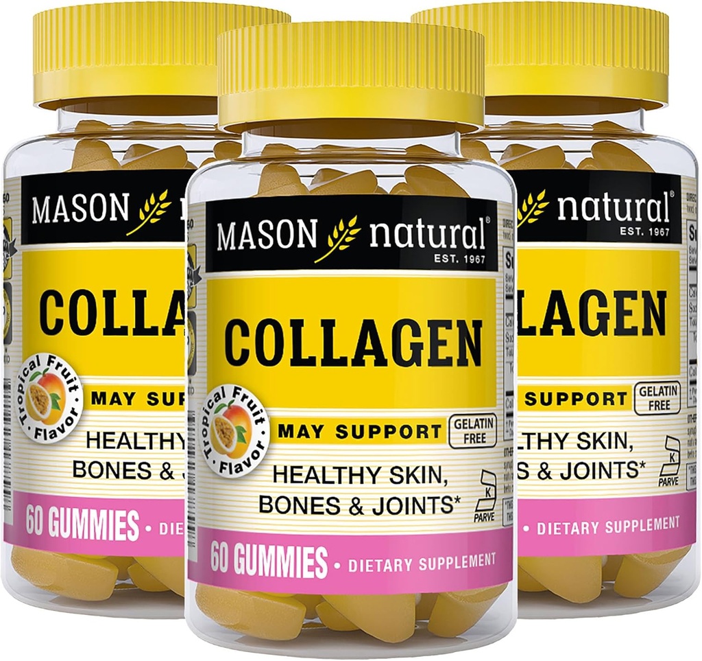 MASON NATURAL Colagen Gummies - Suporturi Sanatos piele, oase si articulatii, Aroma tropicala, Kosher, 60 Gummies (Pachet de 3)