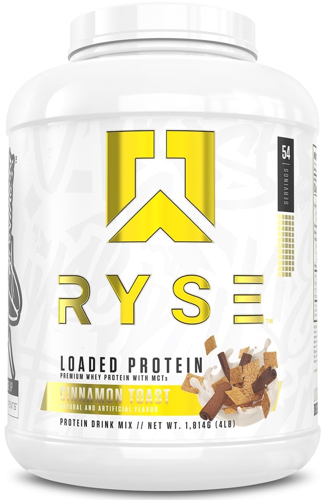 Pudră de proteine încărcate RYSE - Scorțișoară Toast - 25g Proteina Whey Izolat & Concentrat cu fibre prebiotice & MCTs - Carb scăzut, zahăr scăzut, Digestive-Prietenly - 54 Serviri / 4 lb Tub
