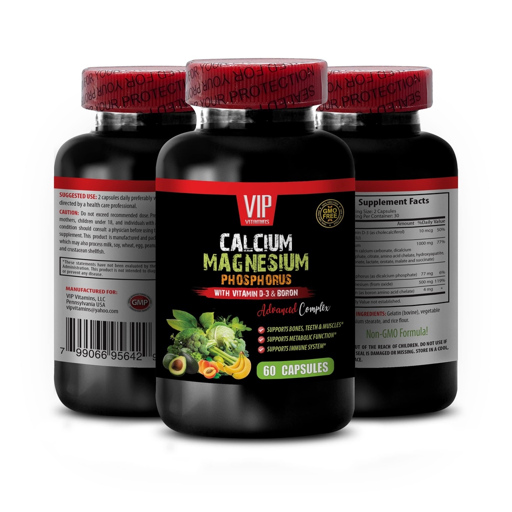 Supliment de calciu - Fosfor de calciu de magneziu cu vitamina D-3 & Bor - Femei Vitamine Suport imunitar cu calciu, Supliment de calciu cu vitamina d, calciu de magneziu de potasiu 1 Bot 60 Capace