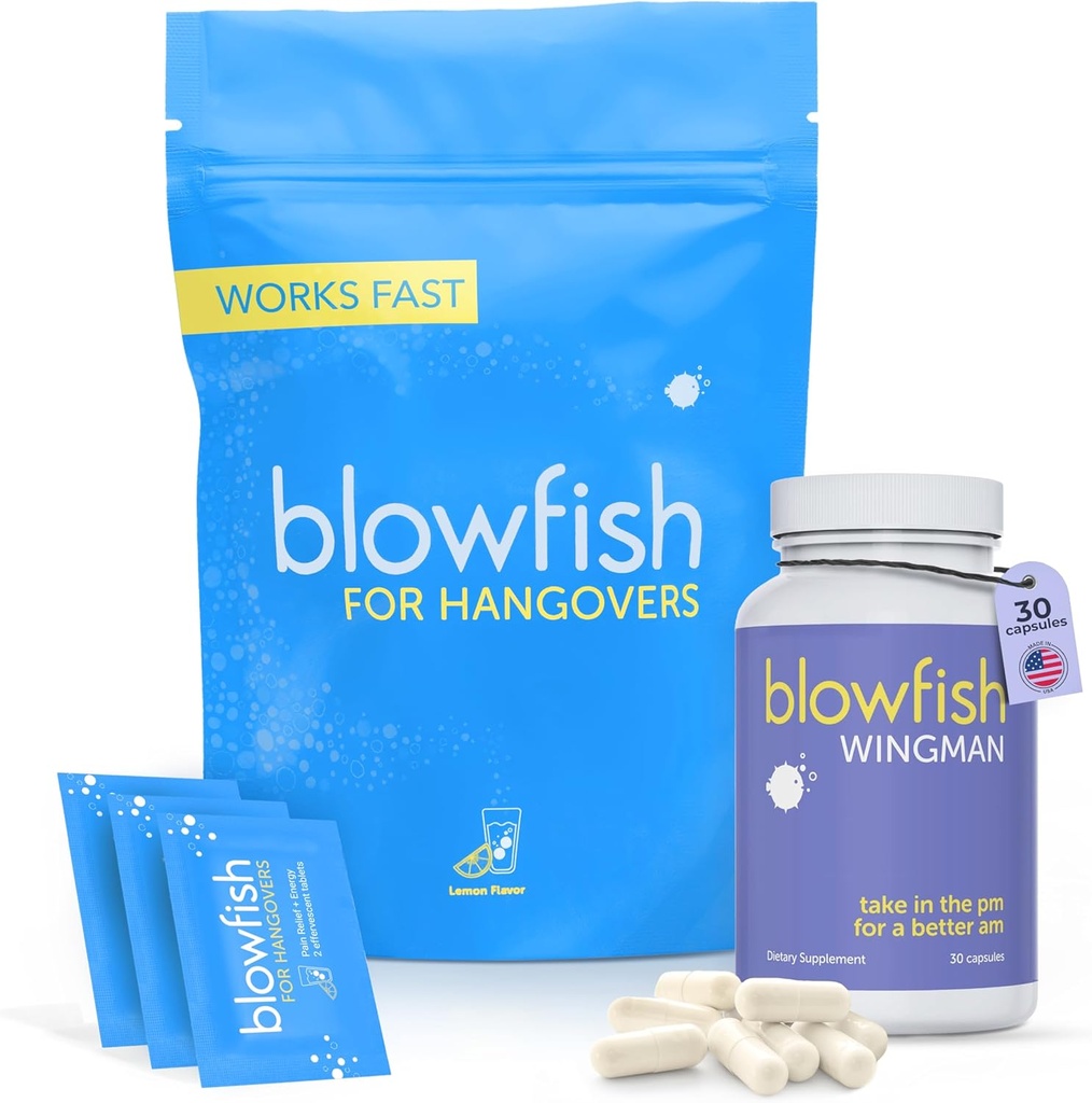 Blowfish Wingman pentru Hangovers  Knock out Hangovers cu 30 capsule Wingman și 20 comprimate EFFERVESCENT