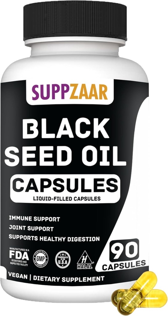Ulei de semințe negru Vegan 1000mg. Ulei negru de chimen presat la rece pentru Imun, Structura, Piele & Digestia non-GMO, Gluten & Gelatină gratuit - 45 Serviri, 90 capsule umplute cu lichid
