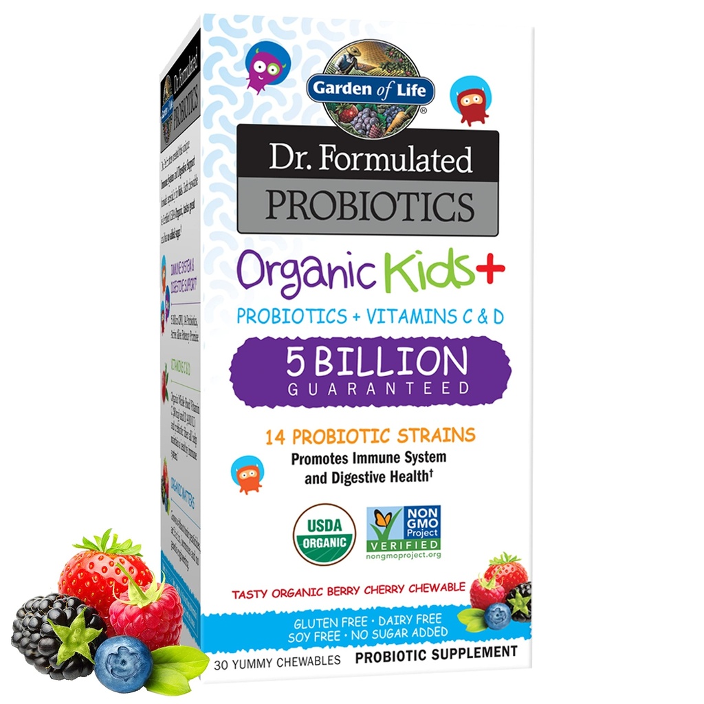 Gradina de viata Copii Probiotice, Dr. Formulate Probiotice Organice Kids+ Vitamina C & D, Berry Cherry, Gluten Dairy & Soy Free Immune & Digestive Health Supplement, 30 Chewables