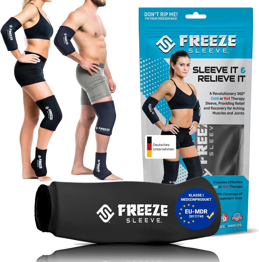 FreezeSleeve Ice & HeatTherapy Compression Sleeve- Reutilizabil, Flexibil Gel Hot/Cold Pack, 360 Acoperire pentru genunchi, Elbow, Ankle, Wrist- Black, X-Small