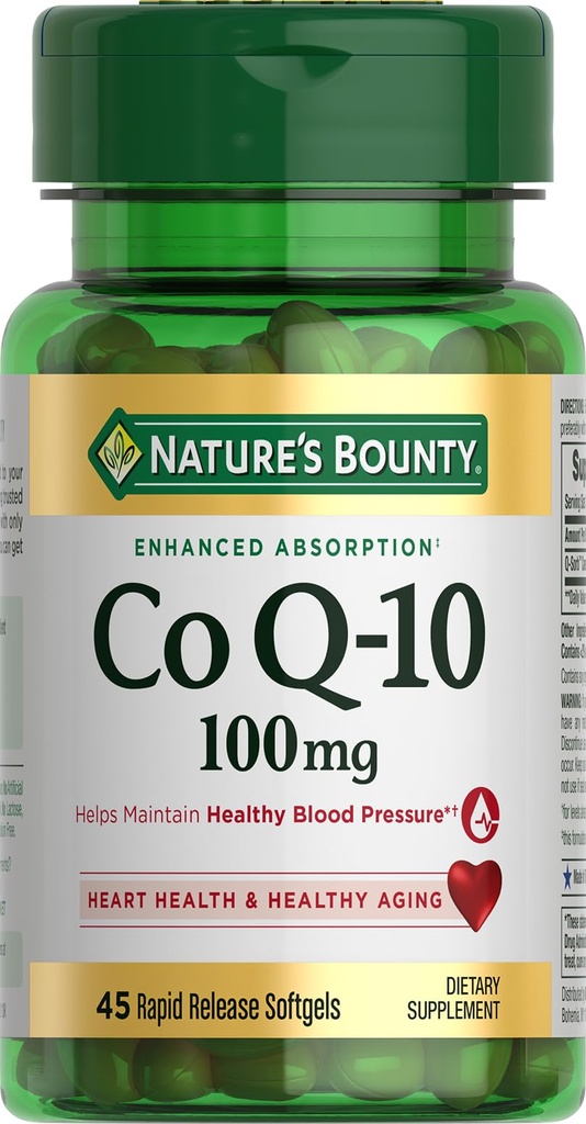 Natura's Bounty CoQ10 100mg pentru Heart Health Support, Non-GMO Q-Sorb Cozyme Q-10 Suport antioxidant şi Wellness cardiovascular, Supliment alimentar, Softgels de eliberare rapidă, 45 ct