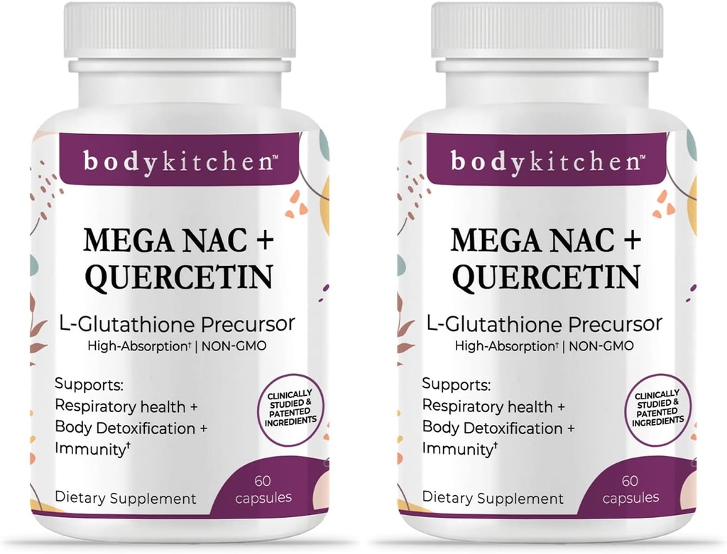 Bucătărie Mega NAC (N-Acetyl Cysteine) 600 mg cu Querbetin, sprijină sănătatea respiratorie și funcția imună și promovează dezintoxicarea hepatică și renală, Capace vegetale, (Pachet de 2)