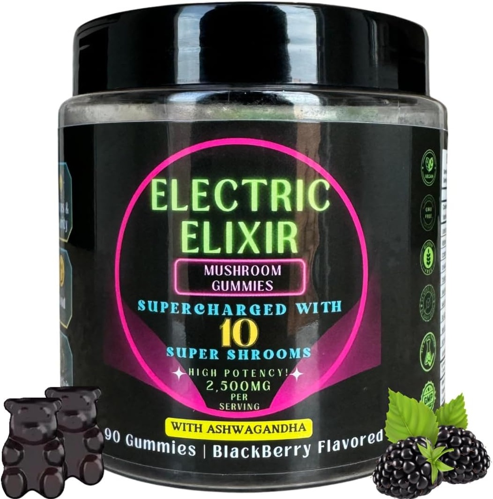 Lion's Mane & Ashwagandha Supplement Mushroom Gummies - Organic, Vegan, Nootropic, GlutenFree - Supliment complet pentru concentrarea creierului, energie, Mood & Stamina - 10 Mushroom Blend 90Count BlackBerry