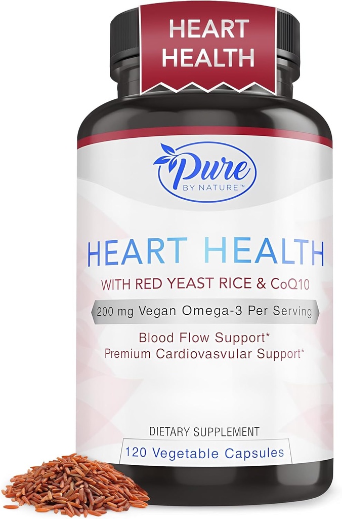 Pure de natura Red Yeast Rice cu CoQ10 Supliment pentru bărbaţi şi femei, 200mg Vegan Omega 3 Per Servire, Gluten-Free non-GMO, 120 capsule