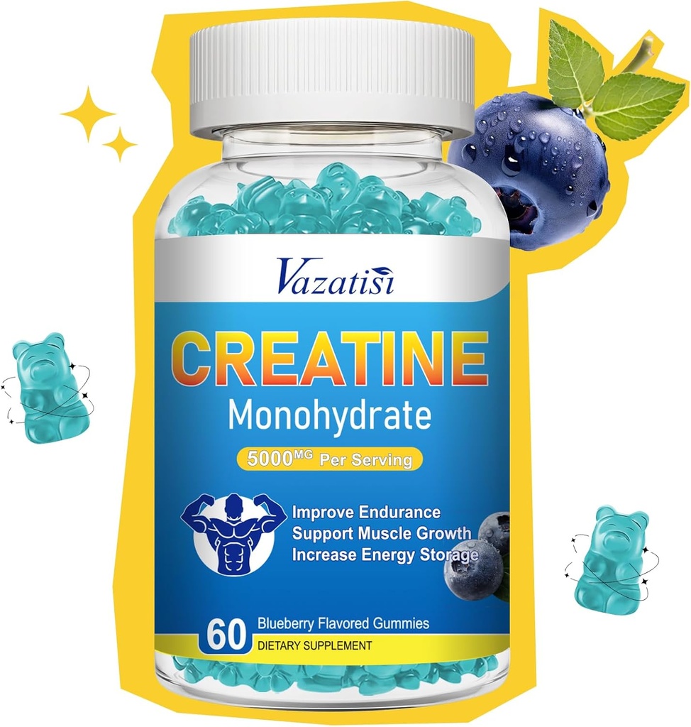 Creatine Monohidrat Gumries pentru femei & bărbaţi, Sugar Free Vegan Creatine Supliment pentru construirea musculare, Creșterea energiei și puterea, aroma de afine, 60 Conte