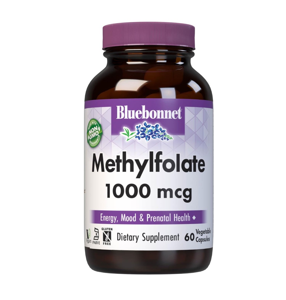 BlueBonnet Nutrition Methylfolate 1000 mcg, for Energy, Mood, and Prenatal Health*, Non-GMO, Vegan, Kosher Certified, Gluten-Free, 60 de capsule vegetale, 60 Servings