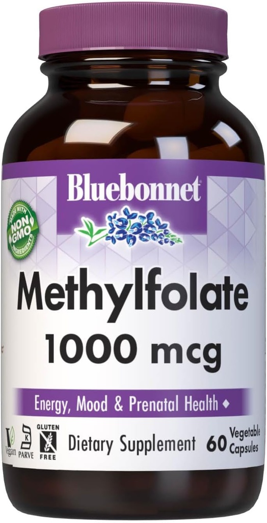 BlueBonnet Nutrition Methylfolate 1000 mcg, for Energy, Mood, and Prenatal Health*, Non-GMO, Vegan, Kosher Certified, Gluten-Free, 60 de capsule vegetale, 60 Servings