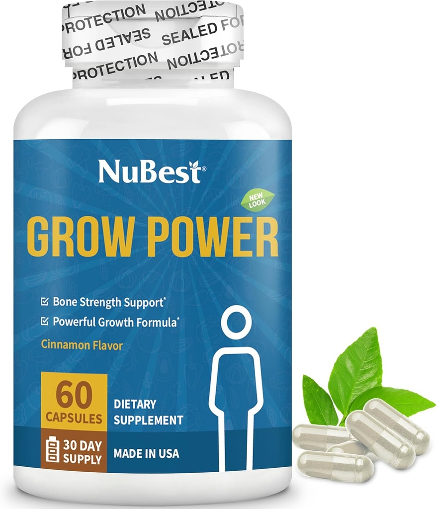 NuBest Grow Power - Calcium Supplement - Magnesium Supplement with Vitamin D3, B6, Zinc, Phosphorus and Multivitamin for Strong Bones, Overall Health for Age 10+ | 60 Capsules | 1 Month Supply