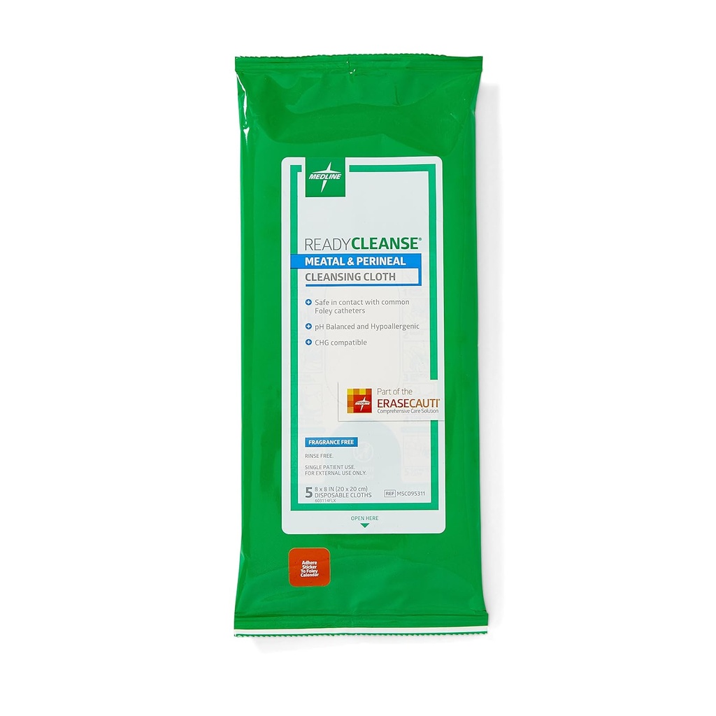 Medline Readycleanse Metal and Perineal Cleansing Cloth, Fragrance Free, Hypoallergenic, 8" x 8," 5 Count (Pachet de 30)