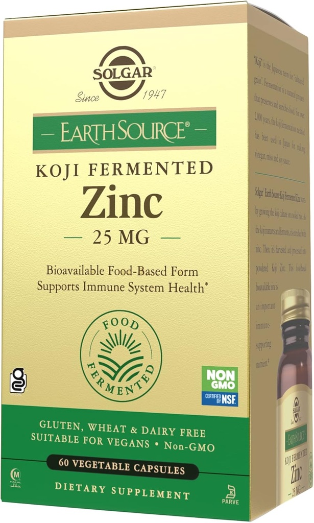 Solgar Earth Source Food Fermented Koji Zinc 25mg, 60 Capsule vegetale - Superior-Absorbție, Biodisponibil Zinc pentru Immune & Skin Health - Non-GMO, Vegan, Gluten No, Dairy No, Kosher - 60 Servings