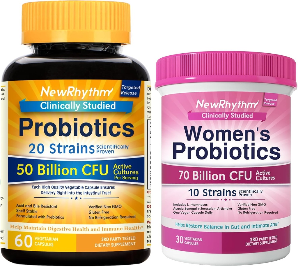 NewRhythm Gut & Feminine Health Bundle, Probiotice 50 Miliarde CFU & Probiotice pentru femei 70 Miliarde CFU, Daily Gut Health & Feminine Care, 90 Capsule Total (Pachet de 2)