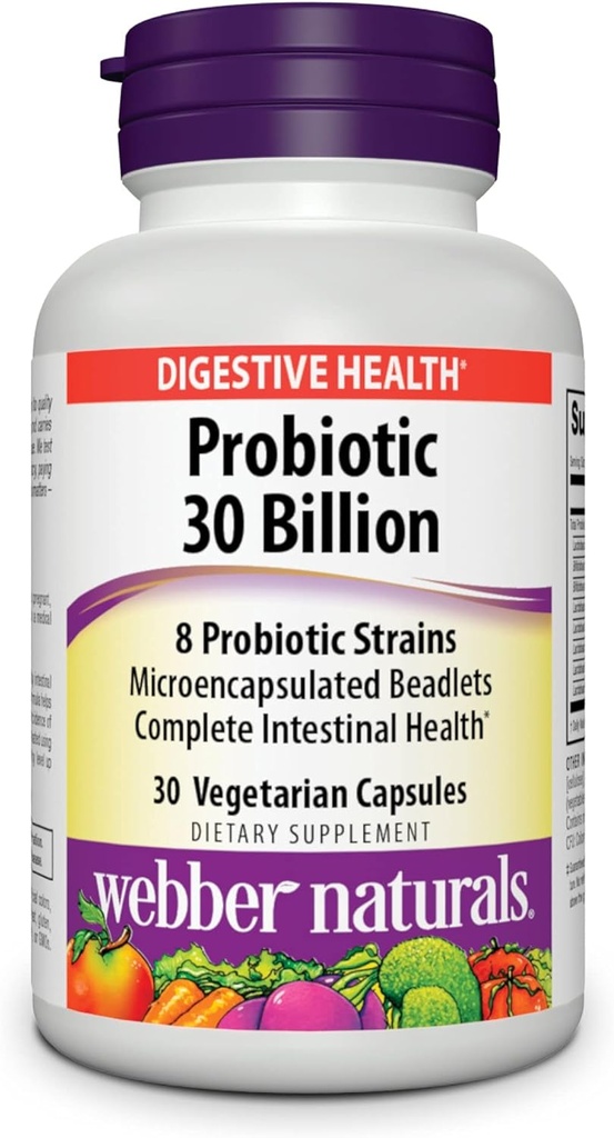 Webber Naturals Probiotice, Mare Potență, 30 Miliarde CFU, pentru bărbați, femei, și adulți, Perioada de valabilitate Stabil (fără refrigerare necesară), 8 Probiotice Straine, 30 capsule vegetariene, pentru Digestive Health