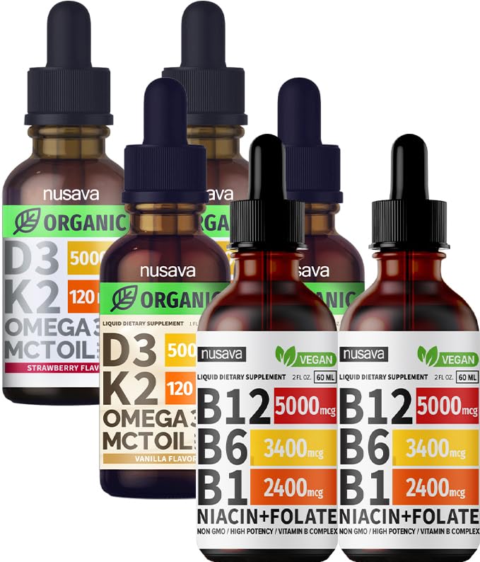 NUSAVA Vitamina B12 Picături lichide Bundle, Strawberry Arovă D3 K2, & Vanilie Arovă D3 K2 - Vitamine lichide potente pentru inimă, energie, Brain & Suport imunitar - non-GMO, Gluten-Free, 2pk Fiecare