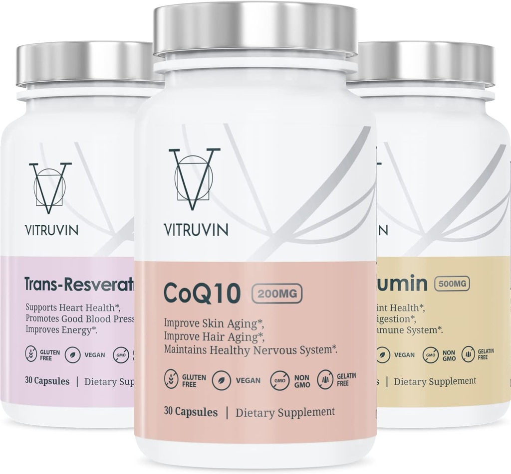 Vitruvin Beauty + Comfort Pack COQ10 200mg + Trans- Resveratrol 500mg + Curcumin 500mg, Vegan, Non-GMO, Gluten-Free, Gelatină-Free.