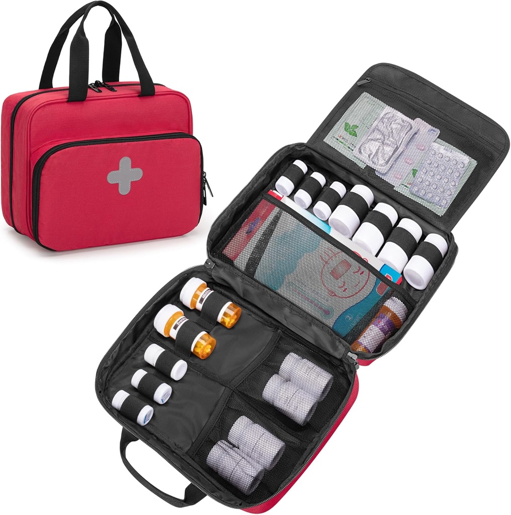CURMIO Sticla de pastile Organizator Portable Medicine Bag, Lockable Prescription Bottle Storage pentru sticle de pilula, vitamine, Suplimente medicale pentru Home Storage and Travel, Red (Empty Medicine Bag)