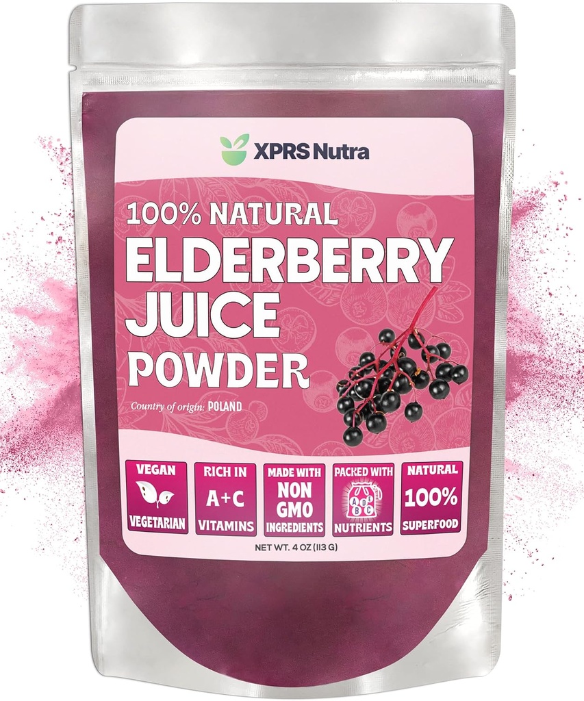XPRS Nutra Elderberry Juice Powder - Elderberry Powder Organic Fruit Juice Mix - Pudrate Elderberberries Supliment bogat în vitamine A și C (4 oz)