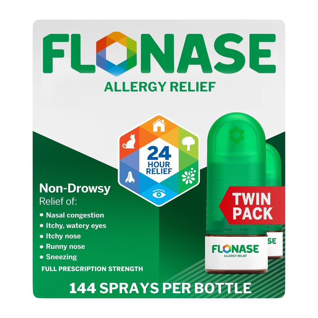 Flonase Alergie Relief Nasal Spray, 24 de ore non Drowsy Alergia Medicina, Metered Nasal Spray - 144 Spray-uri (Pachetul de 2) - Cădere și alergii sezoniere Ajutor