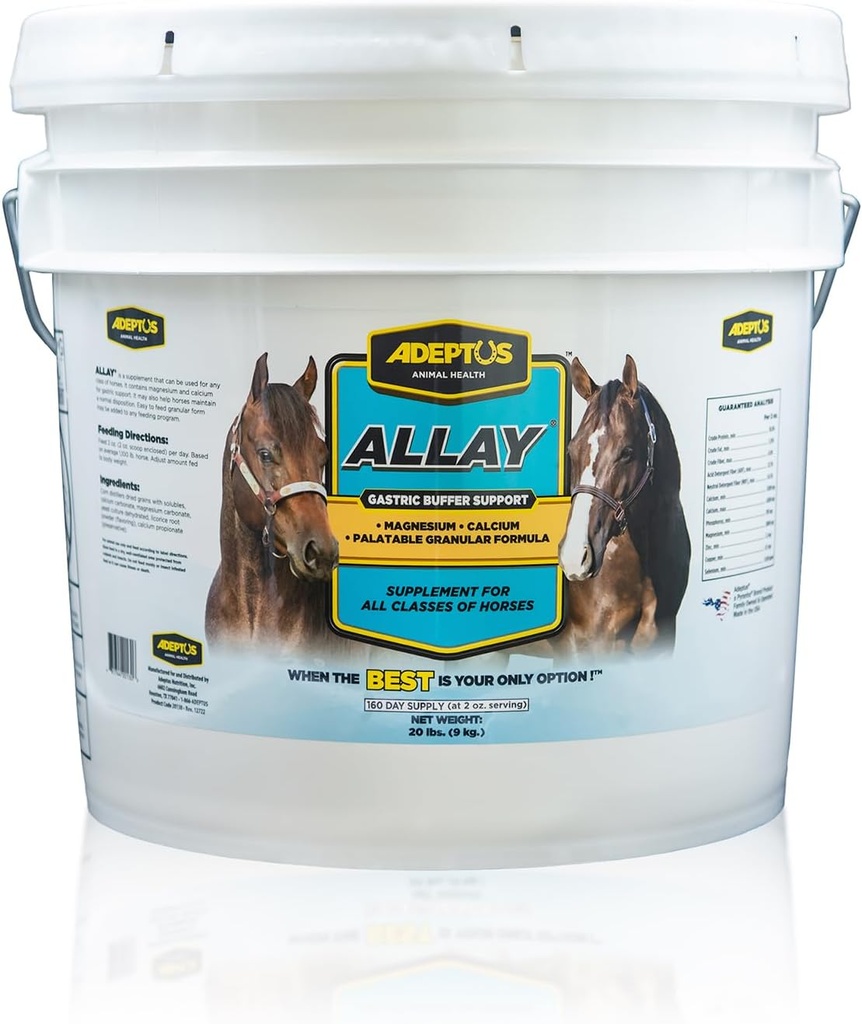 Adeptus Nutrition Allay Equine Supplement, Digestive Buffer w/Calcium & Magneziu, Calmant Granular Formula w/licorice, Prebiotic Base, Yeast Culture, Suport pentru toate clasele de cai, 20 Lbs