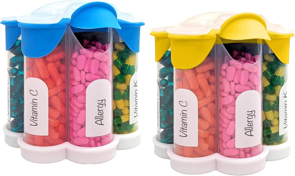 Extra Large Pill Organizator Zilnic, Săptămânal, Lunar Supliment flacon, Cute Blossom Pill Dispenser cu 7 XL Compartimente (2 Pack Combo) (Light Blue și galben)