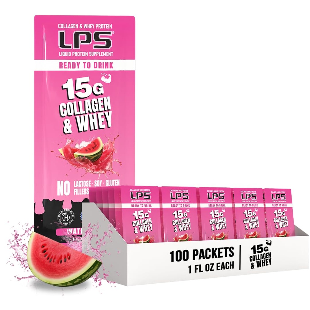 Designuri nutriționale LPS Colagen lichid și supliment de proteine Whey - non-GMO băutură, zahăr-gratuit - promovează sănătos piele și păr pentru bărbați și femei, pepene verde, singur servi (100 Pachete)