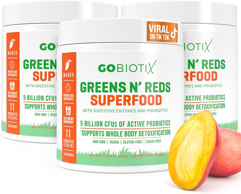 GOBIOTIX Super Greens și Reds pulbere - Superfood roșu și verde - Supliment probiotic - Enzime digestive și root powder - Alimente organice întregi Supliment alimentar (Mango, 3 ambalaj)