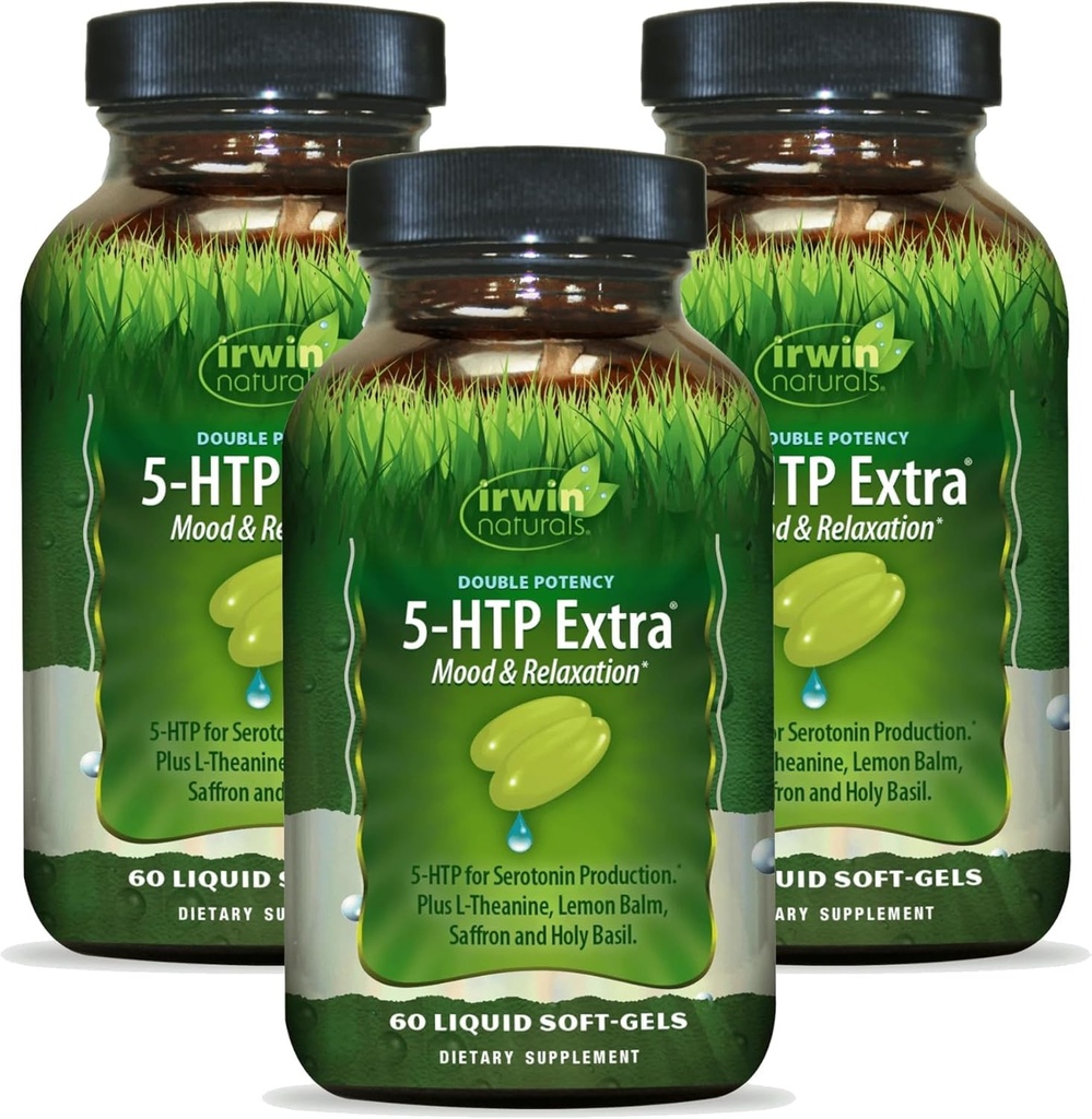 Irwin Naturals Dublu Potență 5-HTP Extra - 60 Lichid Soft-Gels, Pachet de 3 - pentru relaxare și producția de serotonină - 90 Total Servings