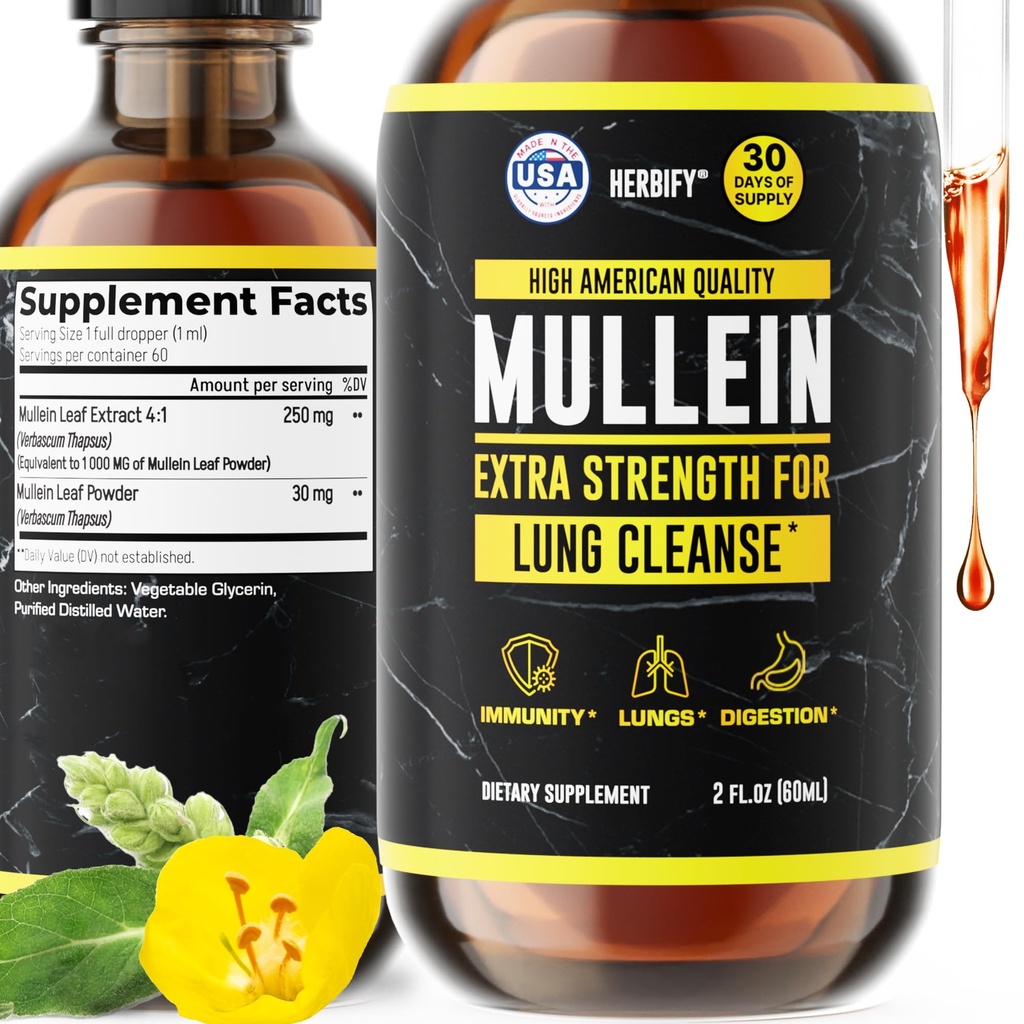 HERBIFY Mullein Extract 2 oz Tinctură pentru sănătate respiratorie, Mullein frunze și flori Blend (Verbascum Densiflorum)